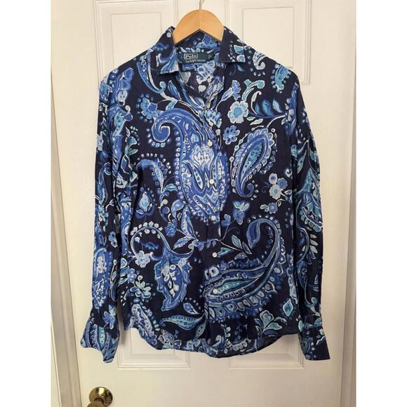 Polo Ralph Lauren Mens Small Paisley Linen Aqua Blue Long Sleeve Button Up Shirt - Picture 2 of 13